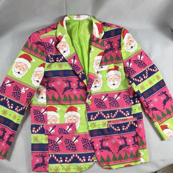 Ugly Christmas Men's Blazer XL (46-48) Pink Green Santa Reindeer Holiday Party - Picture 4 of 16